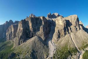 Aerial view of Gardena Pass, Passo Gardena, Rifugio Frara, Dolomiti, Dolomites, South Tyrol, Italy, UNESCO World Heritage. photo