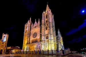 Main gothic facade of Leon Cathedral in the evening, Spain photo