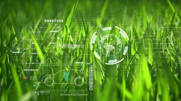 electric vehicle car in the earth on a green grass with environment ecology sign hologram sustainable clean energy. video