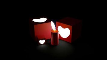 content Valentin journée Animé, boîte de l'amour cœurs et bougies brûlant dans le foncé de le nuit. adapté pour salutation cartes, célébrations. 4k vidéo. valentines journée video