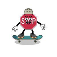 stop road sign mascot playing a skateboard vector