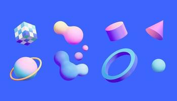 3d futuristic gradient geometric shapes, including fluid bubbles, ring, sphere, cube, and cone. Isolated blue background. vector