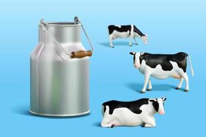 3d illustration of old metal milk can and miniature cows. Farm related objects isolated on blue background. vector