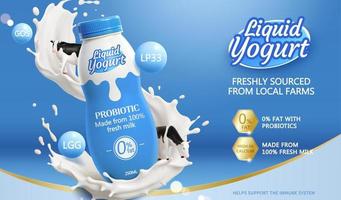 3d liquid yogurt drink ad template. Milk probiotic product advertising banner. Bottle mock-up with milk splashes and miniature cow toys on blue background. vector