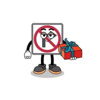 no right turn road sign mascot illustration giving a gift vector