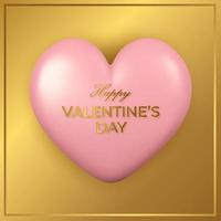 Happy Valentine's Day greeting card with big pink 3d heart on gold background. vector