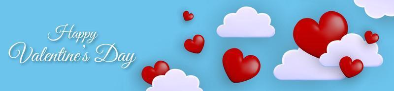 Horizontal banner Happy Valentine's Day. Clouds and red 3d hearts on a blue background. vector