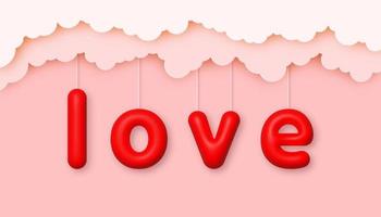 Happy Valentine's Day background. 3d text love and paper clouds on pink sky background. vector
