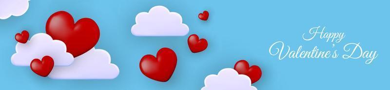 Happy Valentine's Day horizontal banner with 3d clouds and red hearts on a blue background. vector