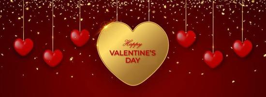 Happy Valentine's Day horizontal banner with big golden heart and red 3d hearts on red background. vector