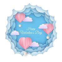 Happy Valentine's Day. Greeting card in paper cut style. Paper balloons and 3d clouds on a blue sky background. vector