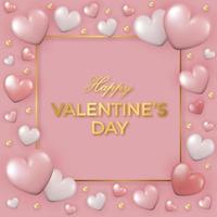 Happy Valentine's Day greeting card. Beautiful gold frame with 3d shiny hearts on pink background. vector