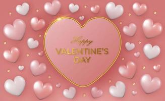 Happy Valentine's Day greeting card with big pink heart and flying 3d hearts. vector