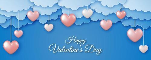 Paper art and craft style sky background with paper clouds and 3d hearts. vector