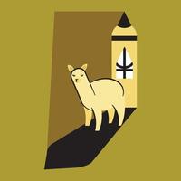 illustration of an alpaca in front of a mysterious tower vector