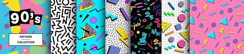 90's Seamless Pattern Collection. Set of vivid, trendy, retro style patterns from 1990. Funky, abstract and vintage graphics for fabric, textile, apparel. Vector designs for wrapping papper.