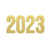 2023 tekst aantal 3d goud kleur in transparant achtergrond. PNG . 3d illustratie renderen