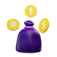 3d rendering bitcoin bag illustration object with transparent background png