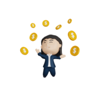 3d rendering cute businesswoman jump with dollar coins png