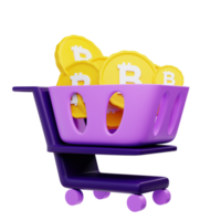 3d rendering bitcoin on shopping cart illustration object with transparent background png