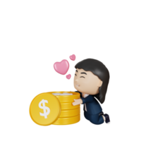 3d interpretazione carino donna d'affari con amore dollaro monete png