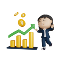 3d renderen schattig zakenvrouw met diagram toenemen omhoog png