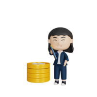 3d rendering cute businesswoman with dollar coin stack png