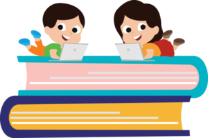 ilustración de un pequeño chico sentado en un grande libro utilizando un ordenador portátil. pequeño chico estudiando a hogar utilizando ordenador portátil png