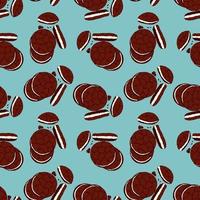 Pattern of chocolate chip cookies with filling and biscuit crumbs on a blue background, hand drawn doodles. National Cookie Day. vector