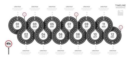 Infographic road timeline presentation for 1 year, 12 months. elements diagram template for business. steps roadmap with circle topics, flat vector infographics, flow charts.