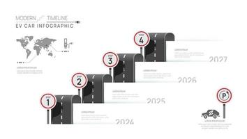 infografía ev coche cronograma diagrama modelo para negocio. 4 4 pasos moderno mapa vial con la carretera temas, para vector infografía, fluir gráficos, presentaciones