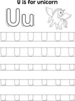 Unicorn Animal Tracing Letter ABC Coloring Page U vector