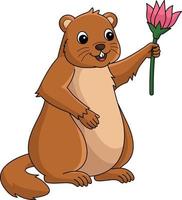 Groundhog Holding Flower Cartoon Colored Clipart vector