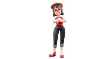 3D illustration. Cute Girl 3D Cartoon Character. Beautiful woman smiling sweetly. Beautiful tourist embracing and smiling. Cute girl standing gracefully. 3D Cartoon Character png