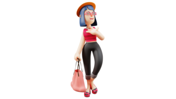 3d illustration. riches fille 3d dessin animé personnage. magnifique élégant femme porter une rouge sac. riches femmes sont en dehors pour une marcher. souriant amical femme. 3d dessin animé personnage png