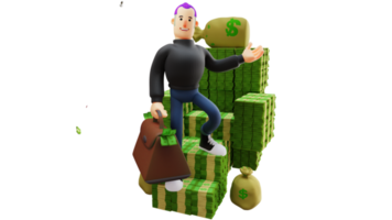 3d ilustración. Rico joven hombre 3d dibujos animados personaje. exitoso joven hombre en pie en pila de dinero. joven empresario rodeado de dinero. Rico hombre que lleva un bolso lleno de dinero. 3d dibujos animados personaje png