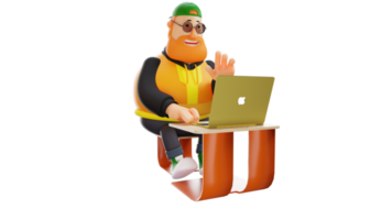 3D illustration. Diligent Fat Man 3D Cartoon Character. A stylish man at work. Young businessman is working in front of laptop and smiling happily. 3D Cartoon Character png