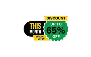 65 Percent THIS MONTH offer, clearance, promotion banner layout with sticker style. vector