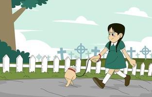 pequeño niña tomar su mágico mascota para un caminar vector