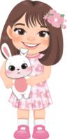 Happy Easter Day with Cute Girls Holding Bunny Cartoon Character PNG