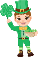 St. Patrick s Day with brown hair boy in Irish costumes holding Shamrock and basket cartoon character design png