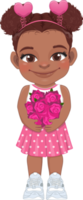 Valentine American African kid with little black girl holding rose flower. Dating, Celebrating Valentines day flat icon. Brown two buns hair young girlfriend cartoon character PNG. png