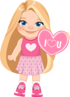 Valentine kid with little girl holding pink heart banner. Dating, Celebrating Valentines day flat icon. Blonde long hair young girlfriend cartoon character PNG. png