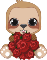 Happy Valentine s day with cute cartoon little Valentine sloth in love holding rose cartoon character PNG