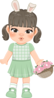 Happy Easter Day with Cute Girls Holding  Flower Basket Cartoon Character PNG