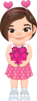 Valentine kid with little girl holding pink rose flowers. Dating, Celebrating Valentines day flat icon. Brown short hair young girlfriend cartoon character PNG. png