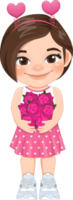 namorados criança com pequeno menina segurando Rosa rosa flores namorando, a comemorar dia dos namorados dia plano ícone. Castanho curto cabelo jovem namorada desenho animado personagem png. png