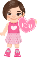 Valentine kid with little girl holding pink heart banner. Dating, Celebrating Valentines day flat icon. Brown short hair young girlfriend cartoon character PNG. png