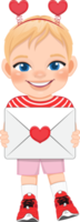 Valentine kid with little boy holding love letter. Dating, Celebrating Valentines day flat icon. Blonde hair young boyfriend cartoon character PNG. png