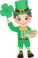 st. Patrick s Tag mit lockig Haar Junge im irisch Kostüme halten Kleeblatt und Korb Karikatur Charakter Design png
